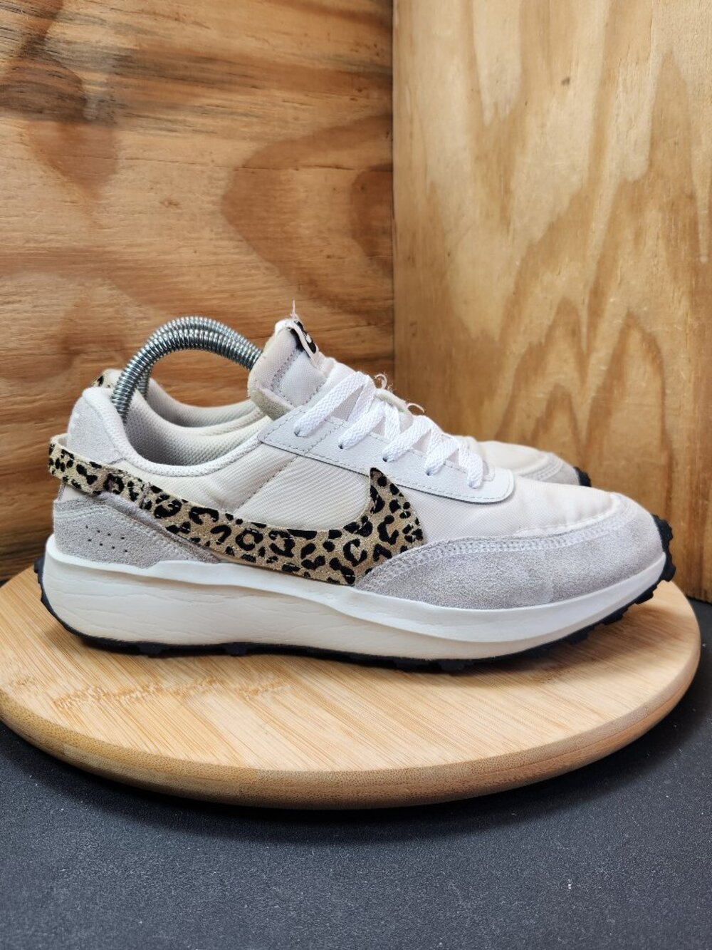 Nike Waffle Debut Womens White Leopard Running Shoes Sneakers Size 9